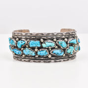 Native American Natural Turquoise Cluster Cuff In Sterling Silver, Old Pawn Jewelry, 5.75" L