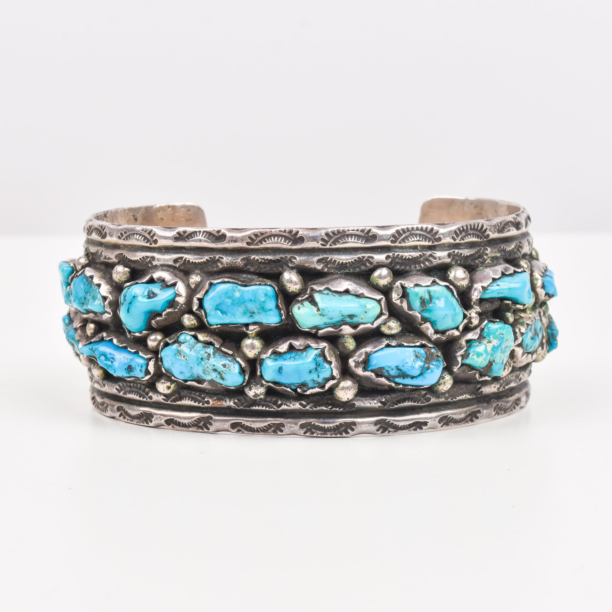 Native American Natural Turquoise Cluster Cuff In Sterling Silver, Old Pawn Jewelry, 5.75" L