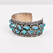 Native American Natural Turquoise Cluster Cuff In Sterling Silver, Old Pawn Jewelry, 5.75" L