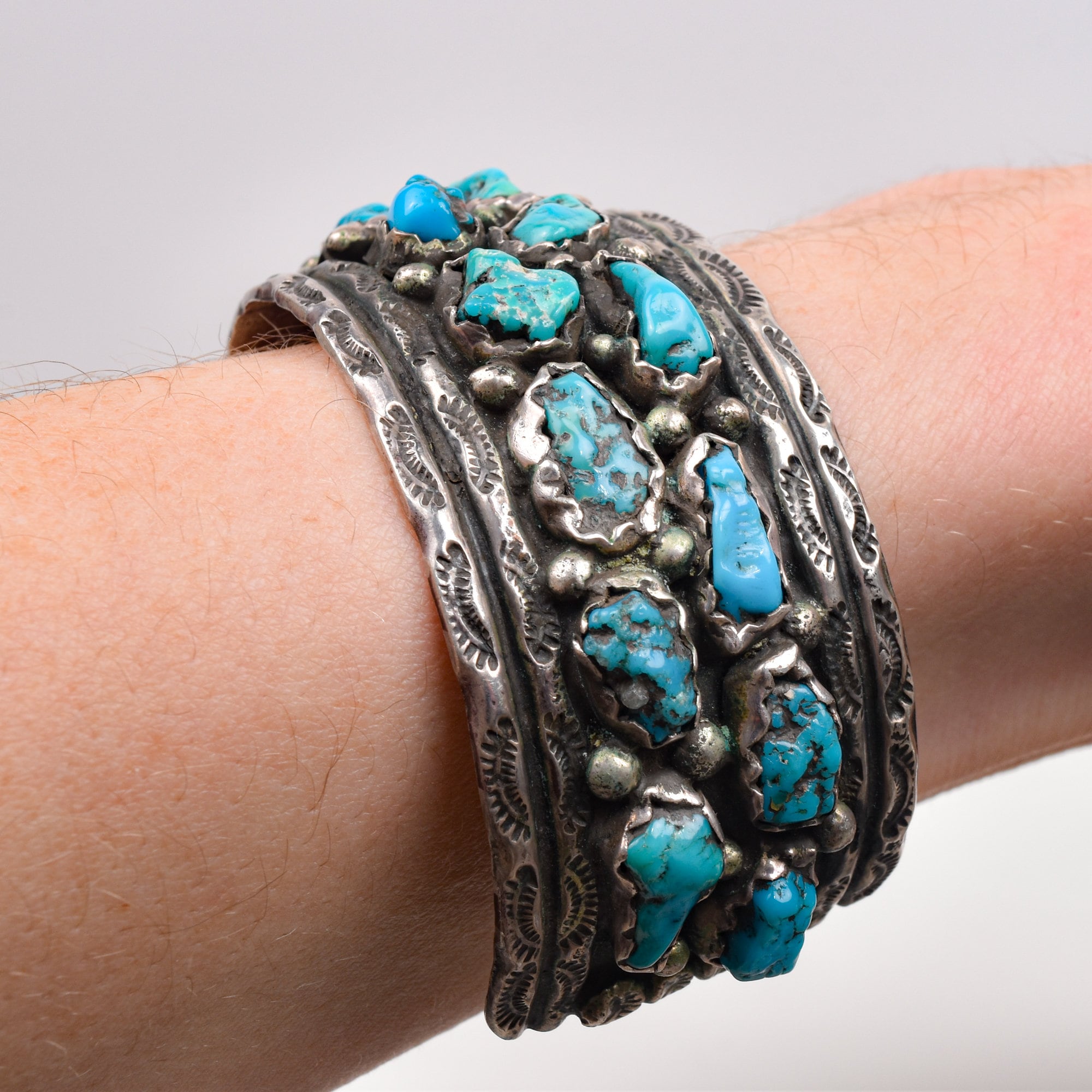 Native American Natural Turquoise Cluster Cuff In Sterling Silver, Old Pawn Jewelry, 5.75" L