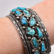 Native American Natural Turquoise Cluster Cuff In Sterling Silver, Old Pawn Jewelry, 5.75" L