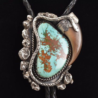 Signed Native American Turquoise Bear Claw Sterling Silver Bolo Tie On Black Leather Cord, Snake Motif