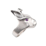 White Rabbit Ring With Amethyst Eyes, Modernist Sterling Silver Ring, Animal Jewelry, 7 1/2 US