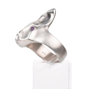 White Rabbit Ring With Amethyst Eyes, Modernist Sterling Silver Ring, Animal Jewelry, 7 1/2 US