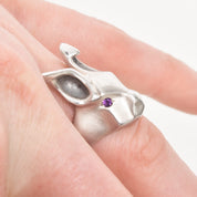 White Rabbit Ring With Amethyst Eyes, Modernist Sterling Silver Ring, Animal Jewelry, 7 1/2 US