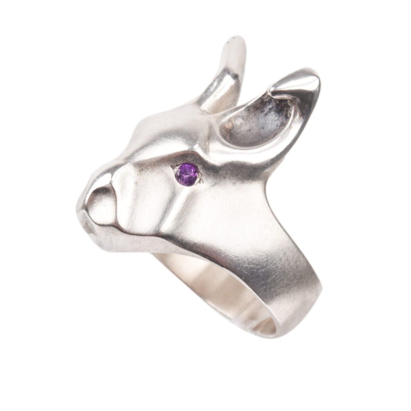 White Rabbit Ring With Amethyst Eyes, Modernist Sterling Silver Ring, Animal Jewelry, 7 1/2 US