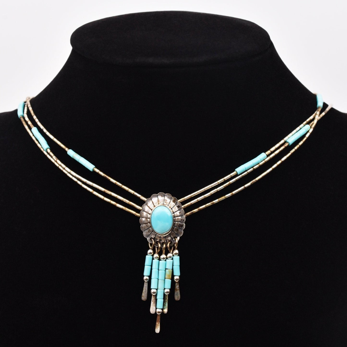 Native American Sterling Silver Turquoise Concho Tassel Pendant Necklace, 3-Strand Beaded Necklace, 18.5" L