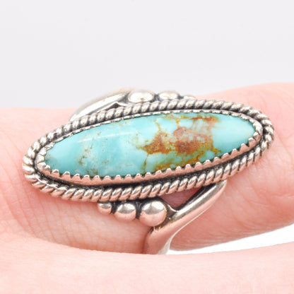 Sterling Silver Turquoise Marquise Ring, Bypass Design, Natural Blue Turquoise, Size 5 1/2 US