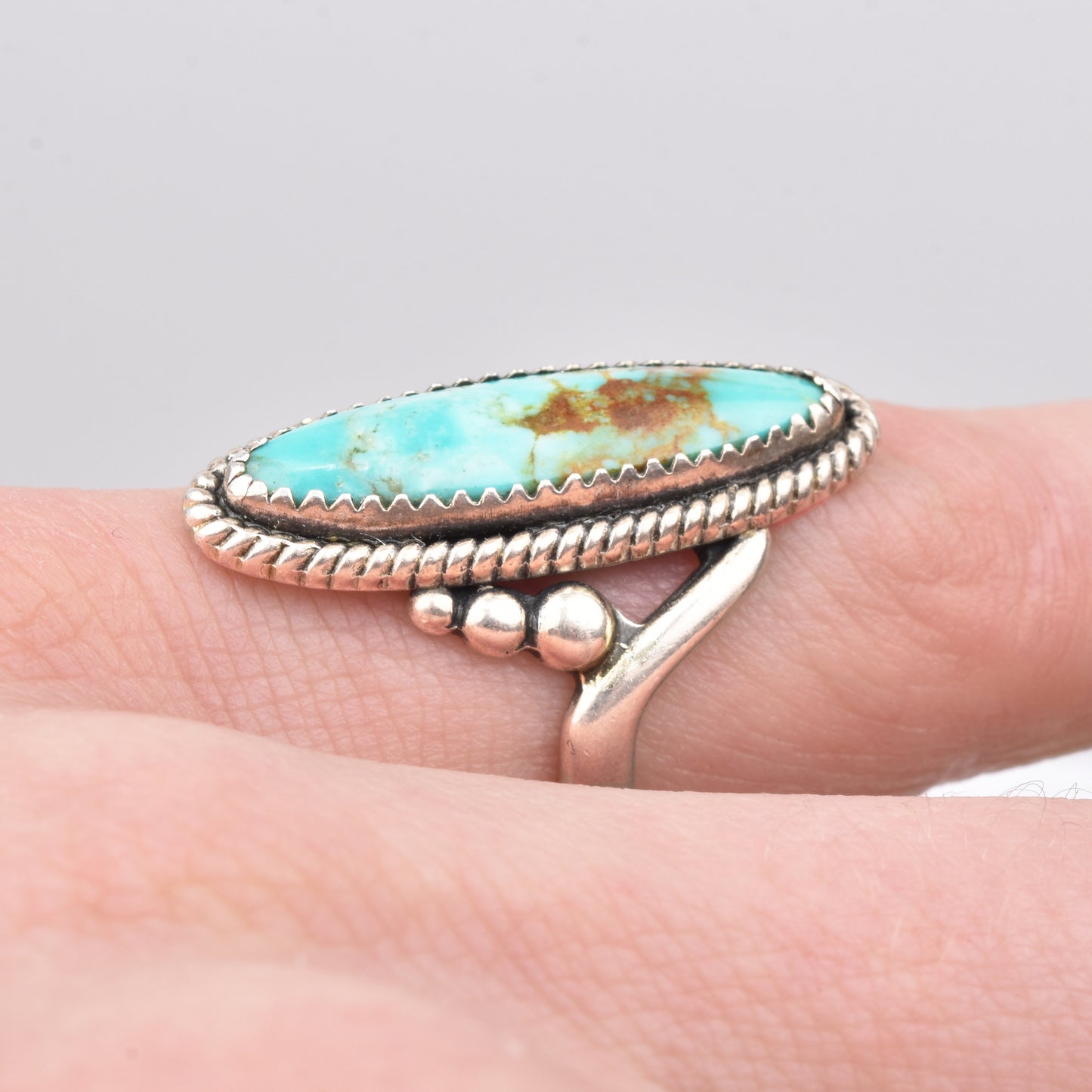 Sterling Silver Turquoise Marquise Ring, Bypass Design, Natural Blue Turquoise, Size 5 1/2 US