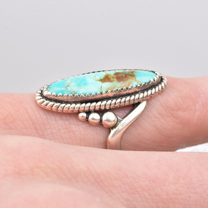 Sterling Silver Turquoise Marquise Ring, Bypass Design, Natural Blue Turquoise, Size 5 1/2 US