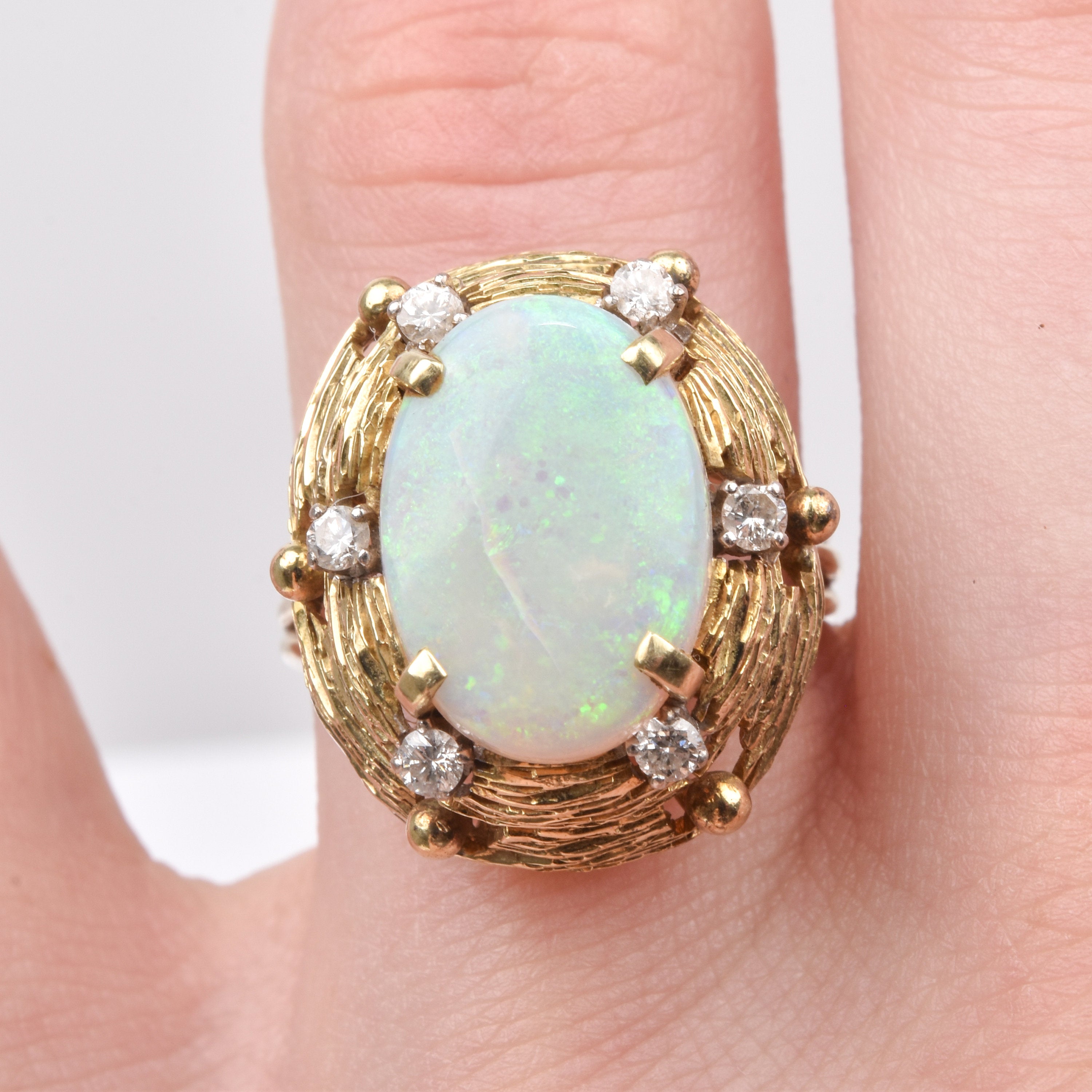 Mid-Century Opal Diamond Cocktail Ring In 14K Yellow Gold, Estate Jewelry, Size 7 US