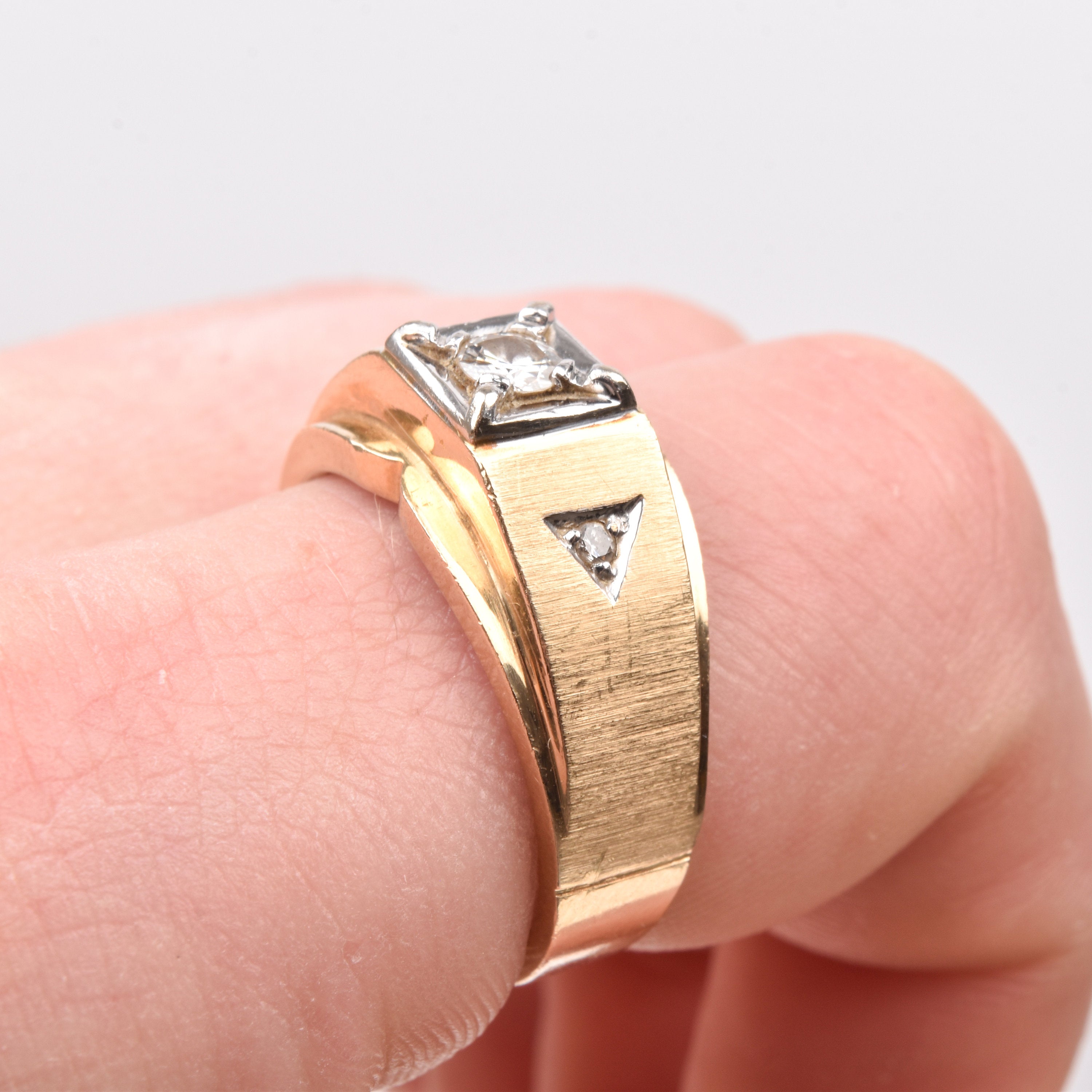 Men's Diamond Ring In Two-Tone 14K Gold, 1980's Estate Jewelry, Size 9 3/4 Scant