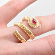 Garnet Diamond Coil Ring In 18K Yellow Gold, Statement Ring, Adjustable, Size 7-9 US