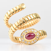 Garnet Diamond Coil Ring In 18K Yellow Gold, Statement Ring, Adjustable, Size 7-9 US