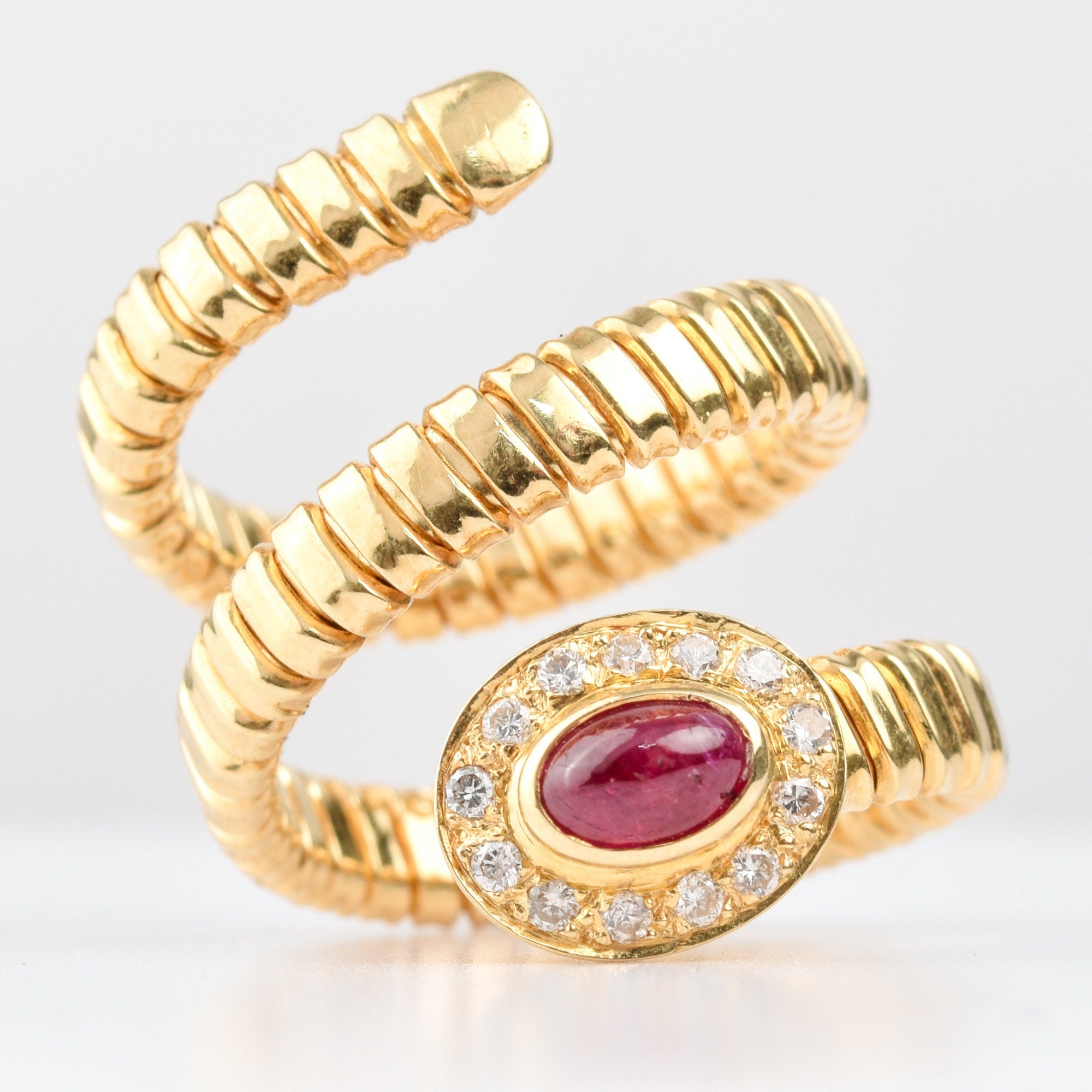 Garnet Diamond Coil Ring In 18K Yellow Gold, Statement Ring, Adjustable, Size 7-9 US