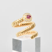 Garnet Diamond Coil Ring In 18K Yellow Gold, Statement Ring, Adjustable, Size 7-9 US