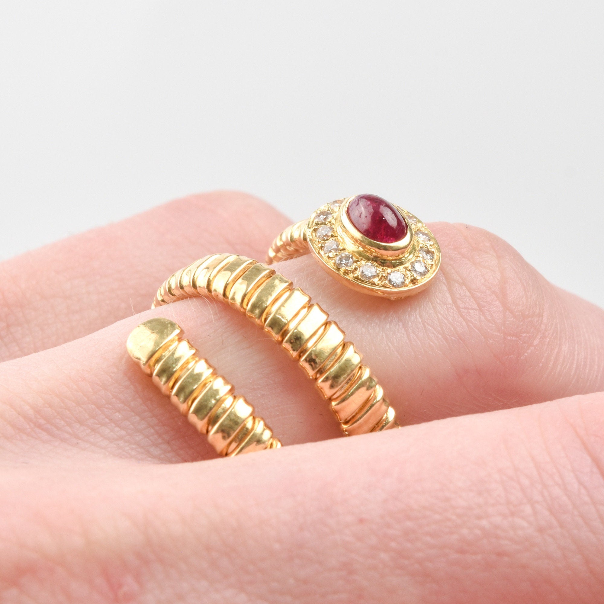 Garnet Diamond Coil Ring In 18K Yellow Gold, Statement Ring, Adjustable, Size 7-9 US