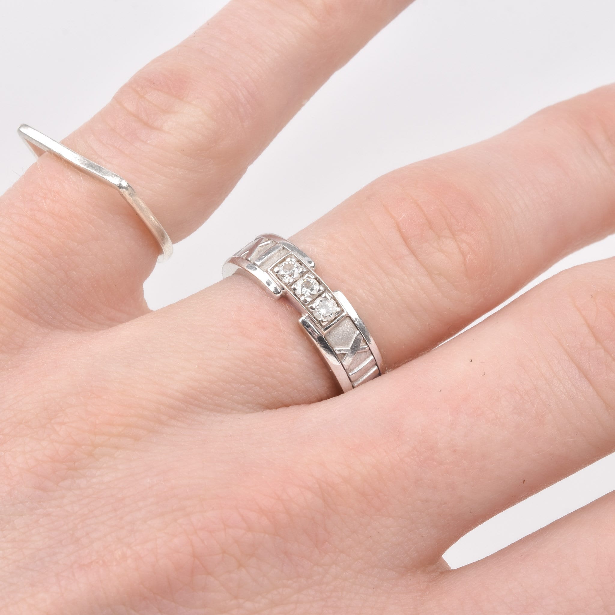 1995 Tiffany & Co. 18K White Gold Diamond Atlas Ring, .24 TCW Three-Stone Ring, Size 6 3/4 US