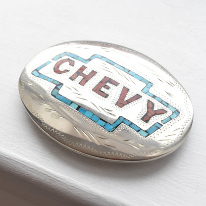 Turquoise & Coral Chip Inlay 'CHEVY' Belt Buckle, Engraved Silver, Southwestern Jewelry, 4.125"