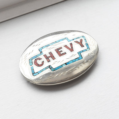 Turquoise & Coral Chip Inlay 'CHEVY' Belt Buckle, Engraved Silver, Southwestern Jewelry, 4.125"