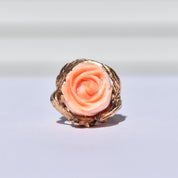 Beautiful 14K Coral Rose Ring, Carved Pink Coral Flower, Statement Ring, Size 4 US