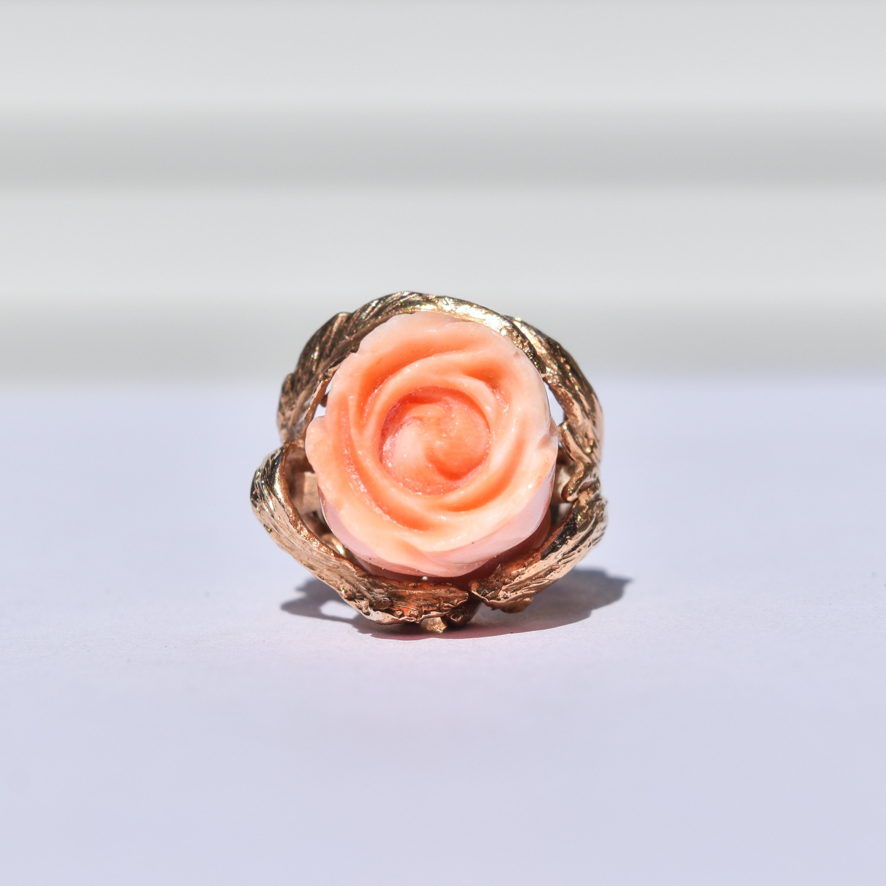 Beautiful 14K Coral Rose Ring, Carved Pink Coral Flower, Statement Ring, Size 4 US