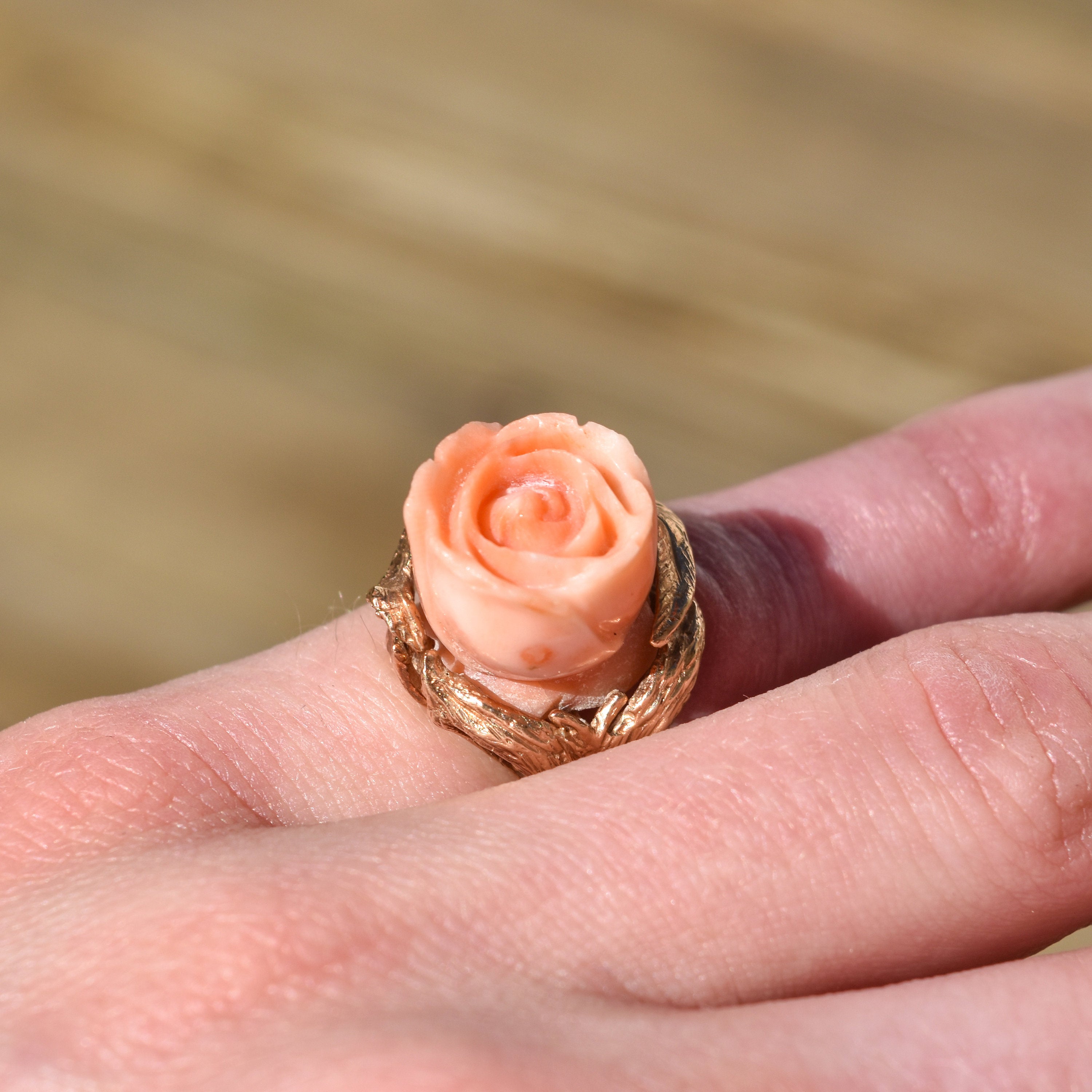 Beautiful 14K Coral Rose Ring, Carved Pink Coral Flower, Statement Ring, Size 4 US