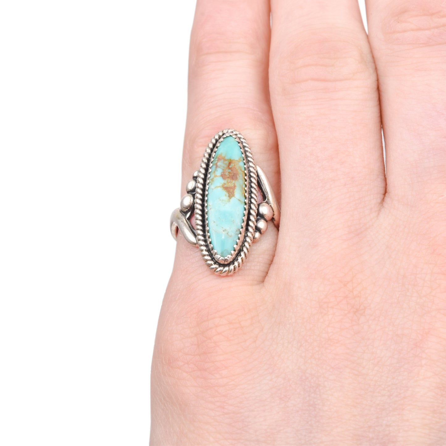 Sterling Silver Turquoise Marquise Ring, Bypass Design, Natural Blue Turquoise, Size 5 1/2 US