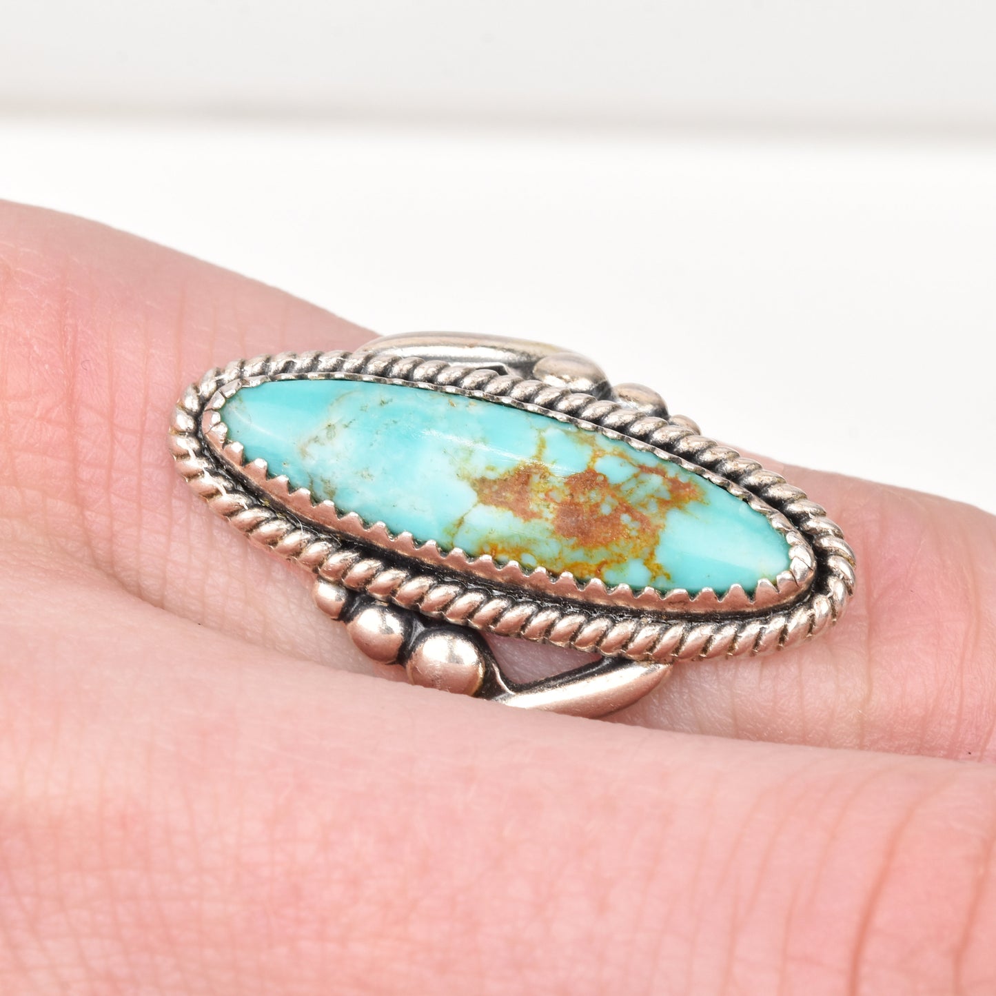 Sterling Silver Turquoise Marquise Ring, Bypass Design, Natural Blue Turquoise, Size 5 1/2 US