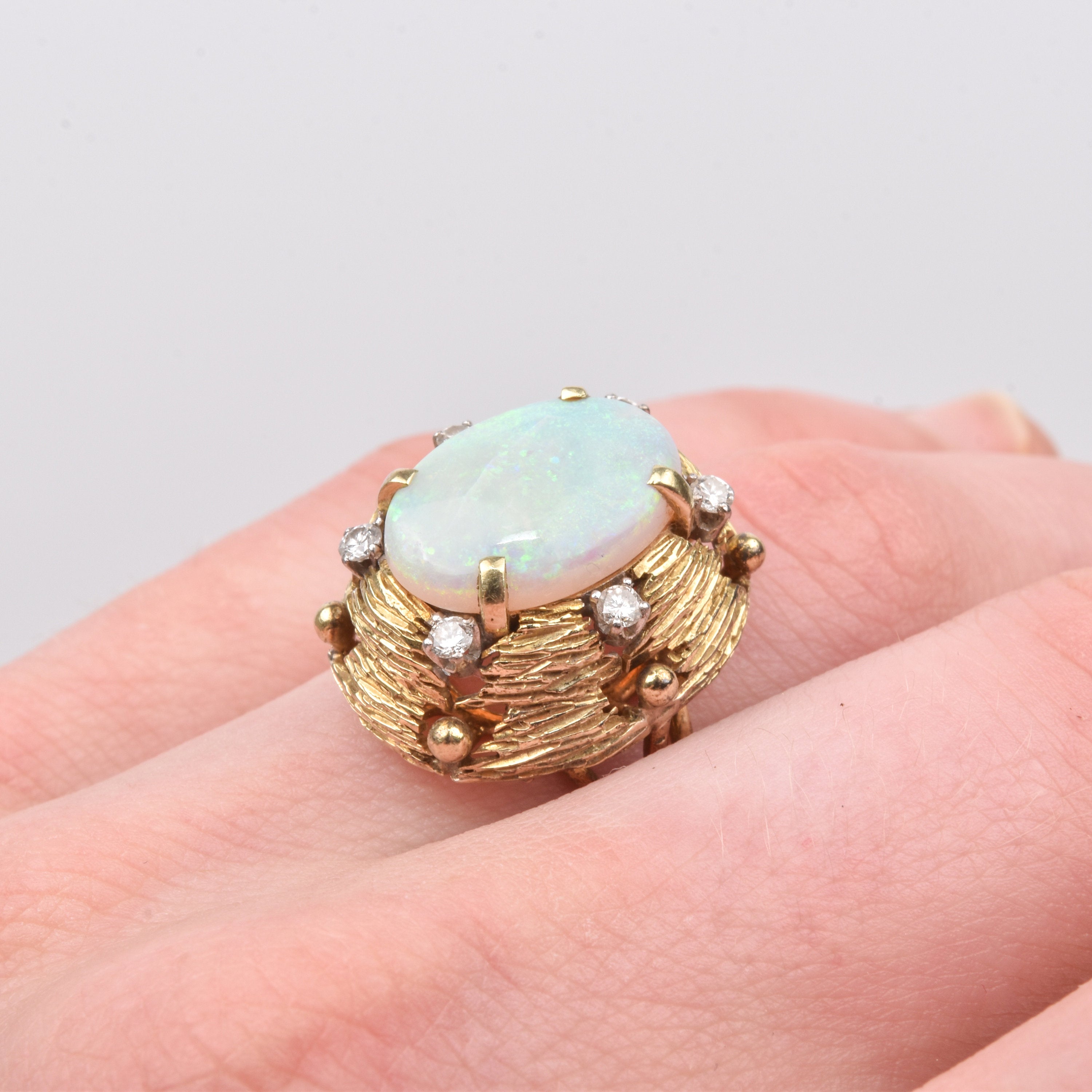 Mid-Century Opal Diamond Cocktail Ring In 14K Yellow Gold, Estate Jewelry, Size 7 US