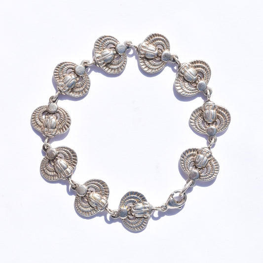 Egyptian Revival Sterling Silver Link Bracelet, Winged Scarab Design, Estate Jewelry, 7.5"