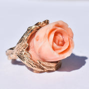 Beautiful 14K Coral Rose Ring, Carved Pink Coral Flower, Statement Ring, Size 4 US