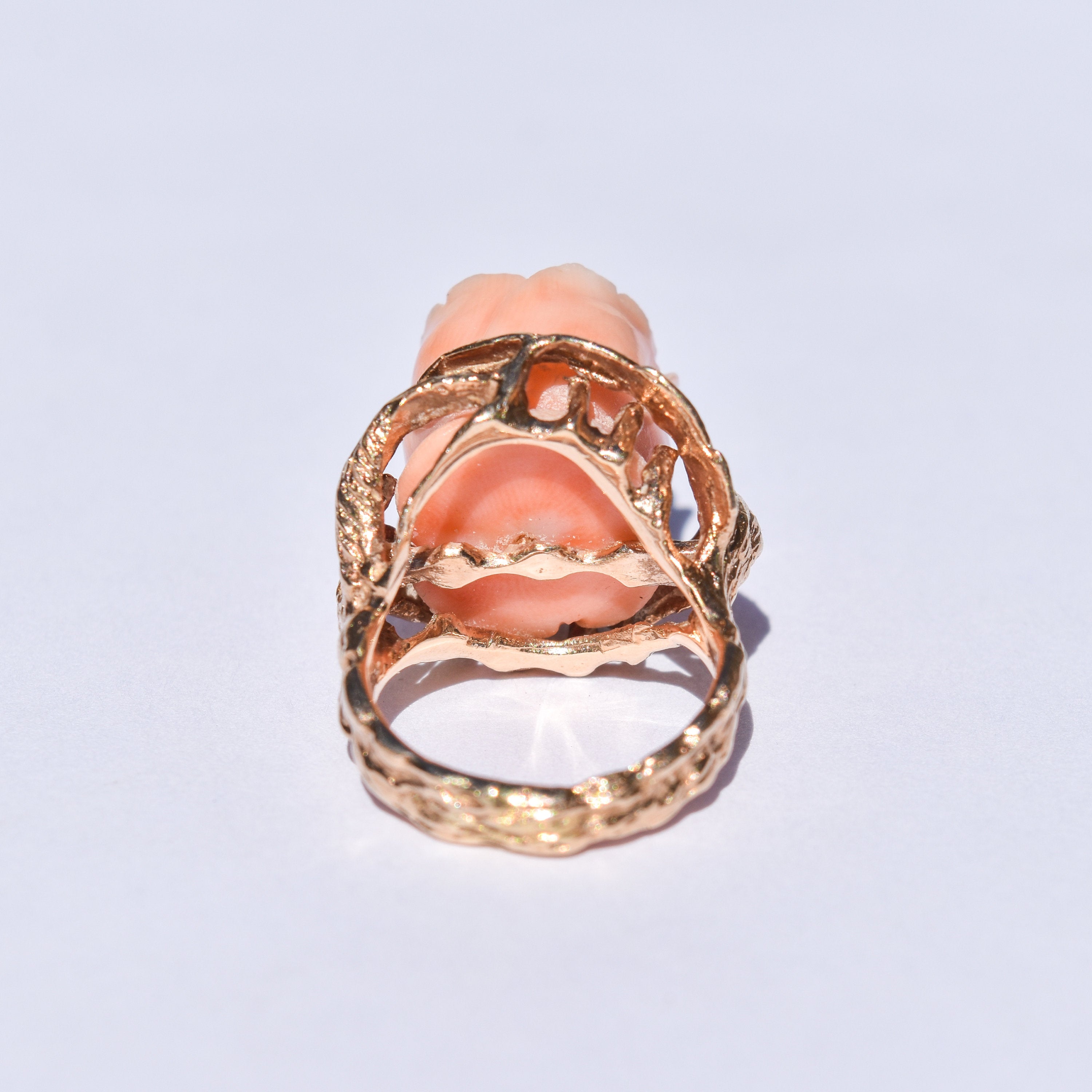 Beautiful 14K Coral Rose Ring, Carved Pink Coral Flower, Statement Ring, Size 4 US