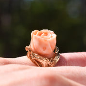 Beautiful 14K Coral Rose Ring, Carved Pink Coral Flower, Statement Ring, Size 4 US