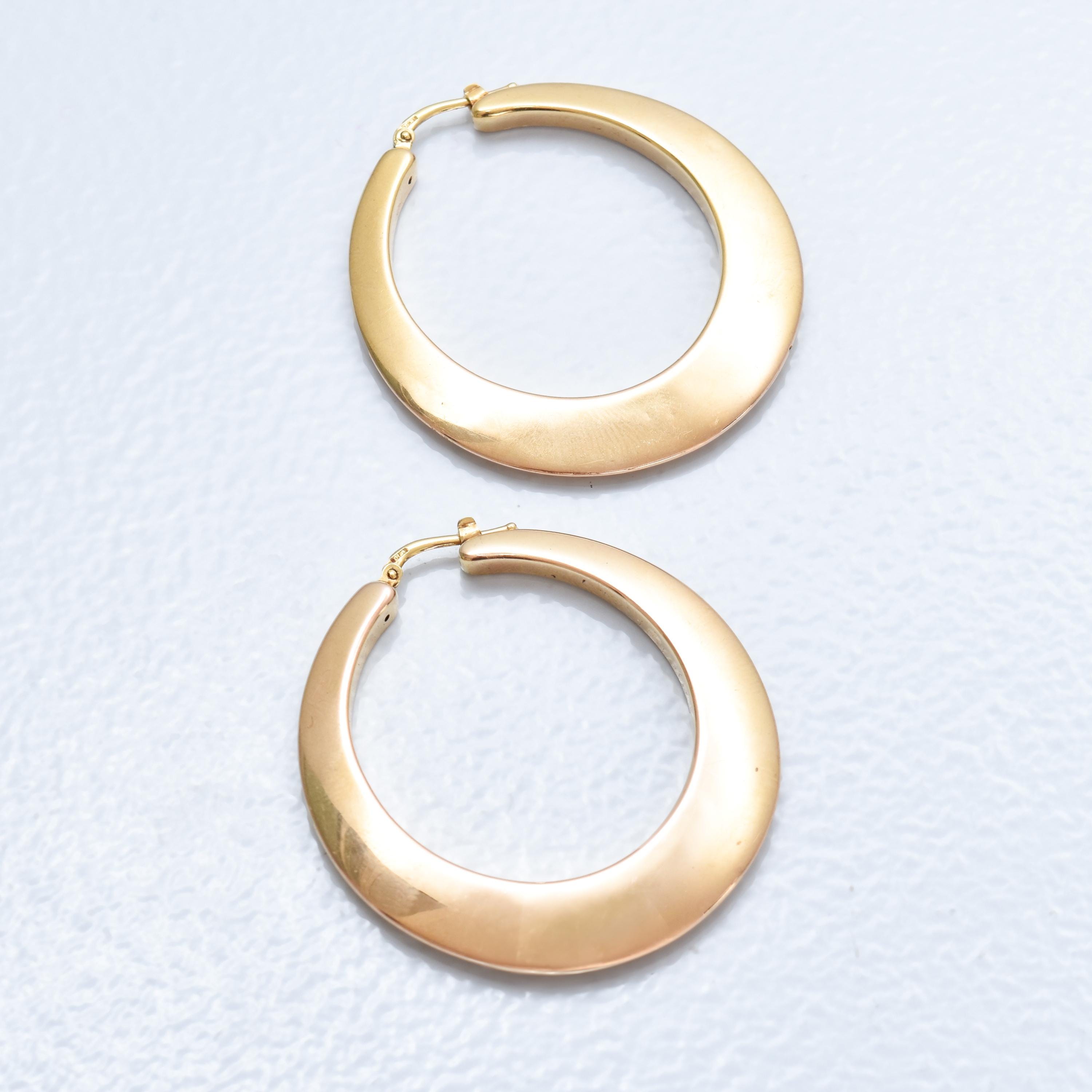 Italian 14K Yellow Gold Oval Hoop Earrings, Medium Sized Hollow Hoops, Statement Earrings, 1 7/8" L