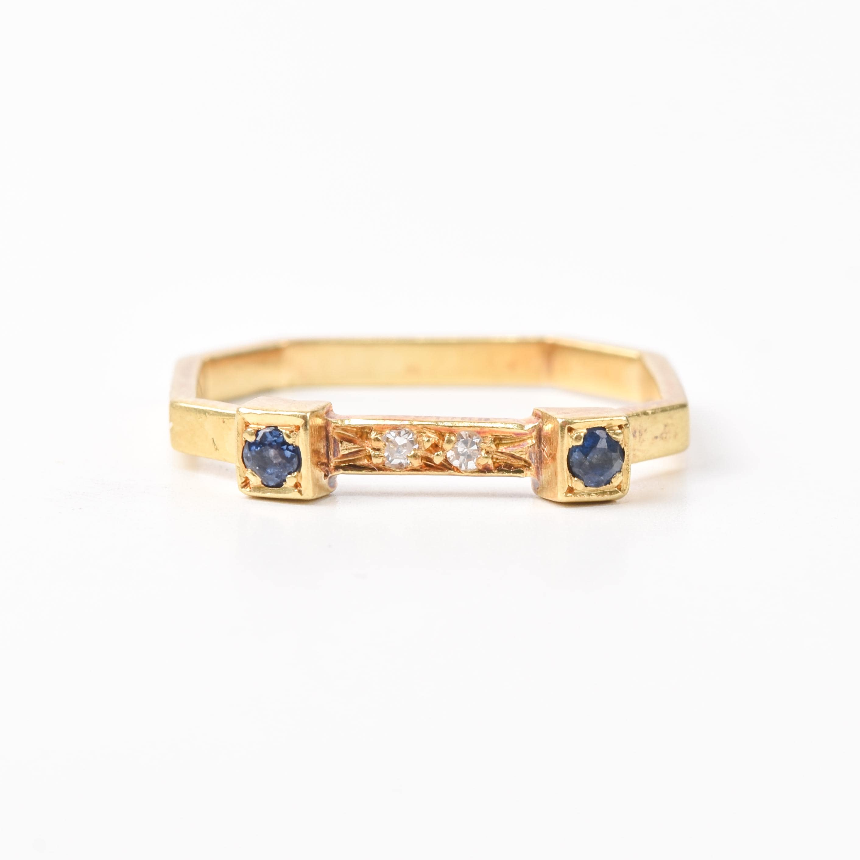 18K Gold Sapphire and Diamond Unique Square Band Ring, Vintage Stacking Ring, Size 7 US