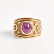 14K Gold Purple Ruby Etruscan Style Whimsical Statement Ring, Estate Jewelry, Size 6