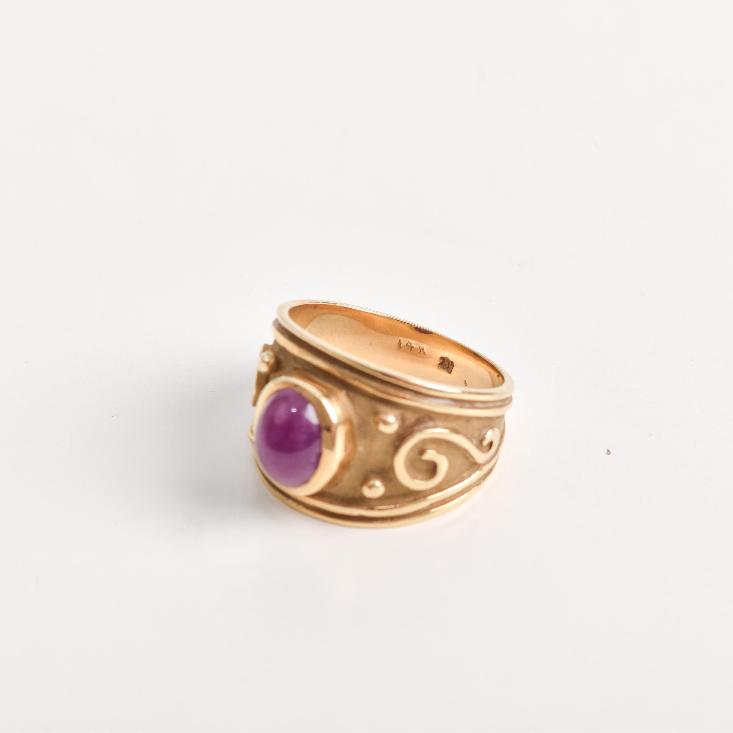 14K Gold Purple Ruby Etruscan Style Whimsical Statement Ring, Estate Jewelry, Size 6