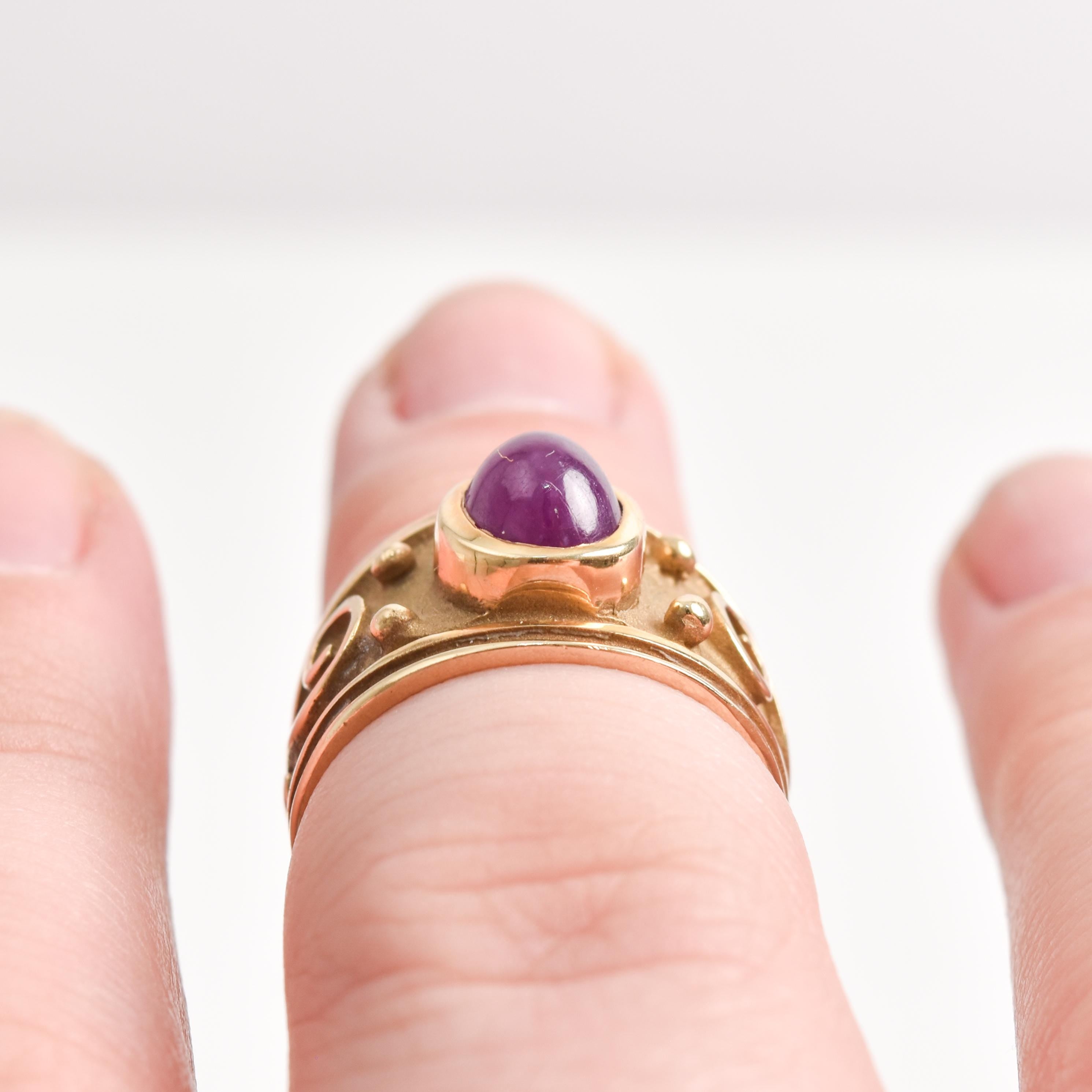 14K Gold Purple Ruby Etruscan Style Whimsical Statement Ring, Estate Jewelry, Size 6