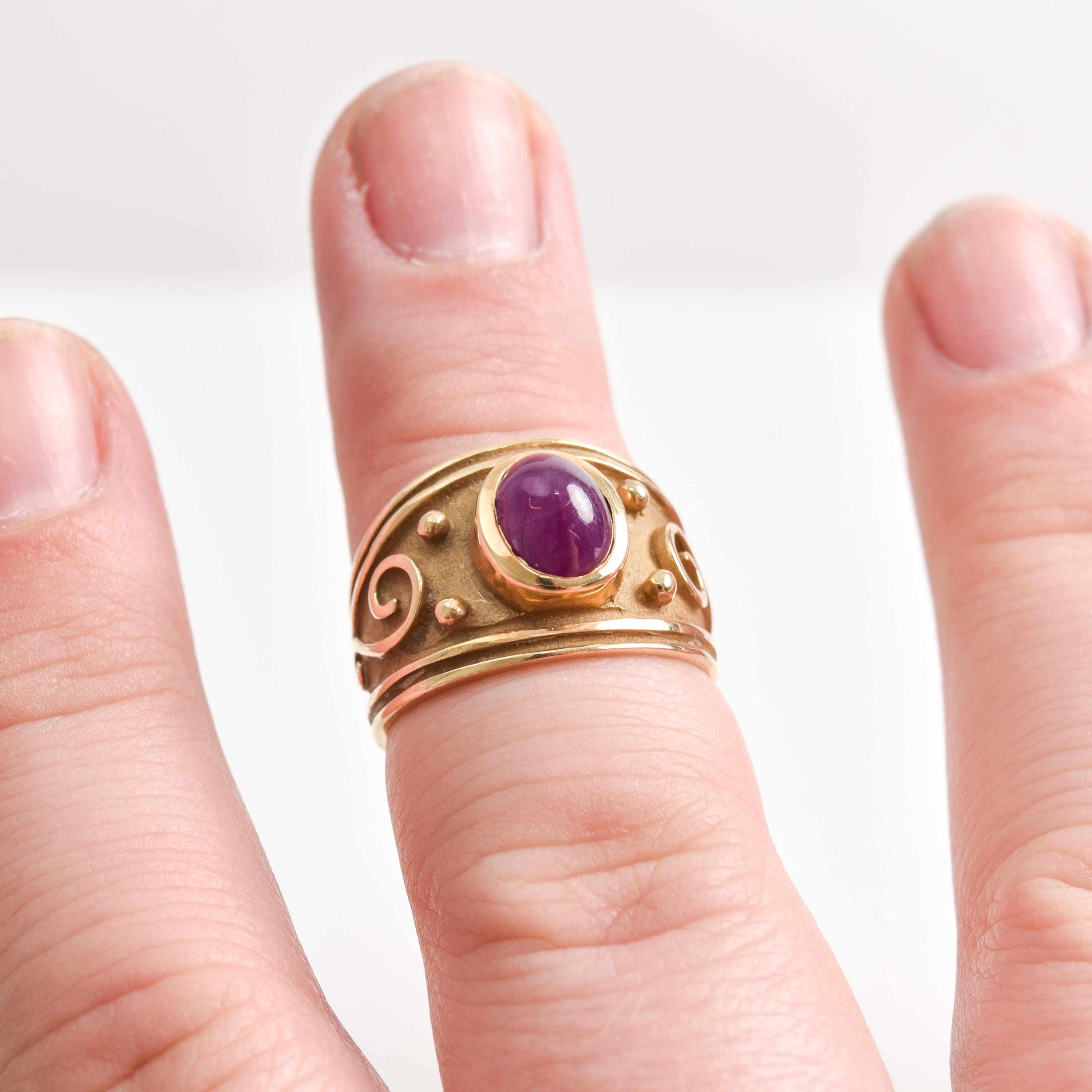 14K Gold Purple Ruby Etruscan Style Whimsical Statement Ring, Estate Jewelry, Size 6