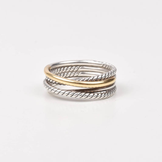 Vintage David Yurman Crossover Ring In Sterling Silver & 18k Gold, Two-Tone Rope Ring, Estate Jewelry, Size 6 3/4 US