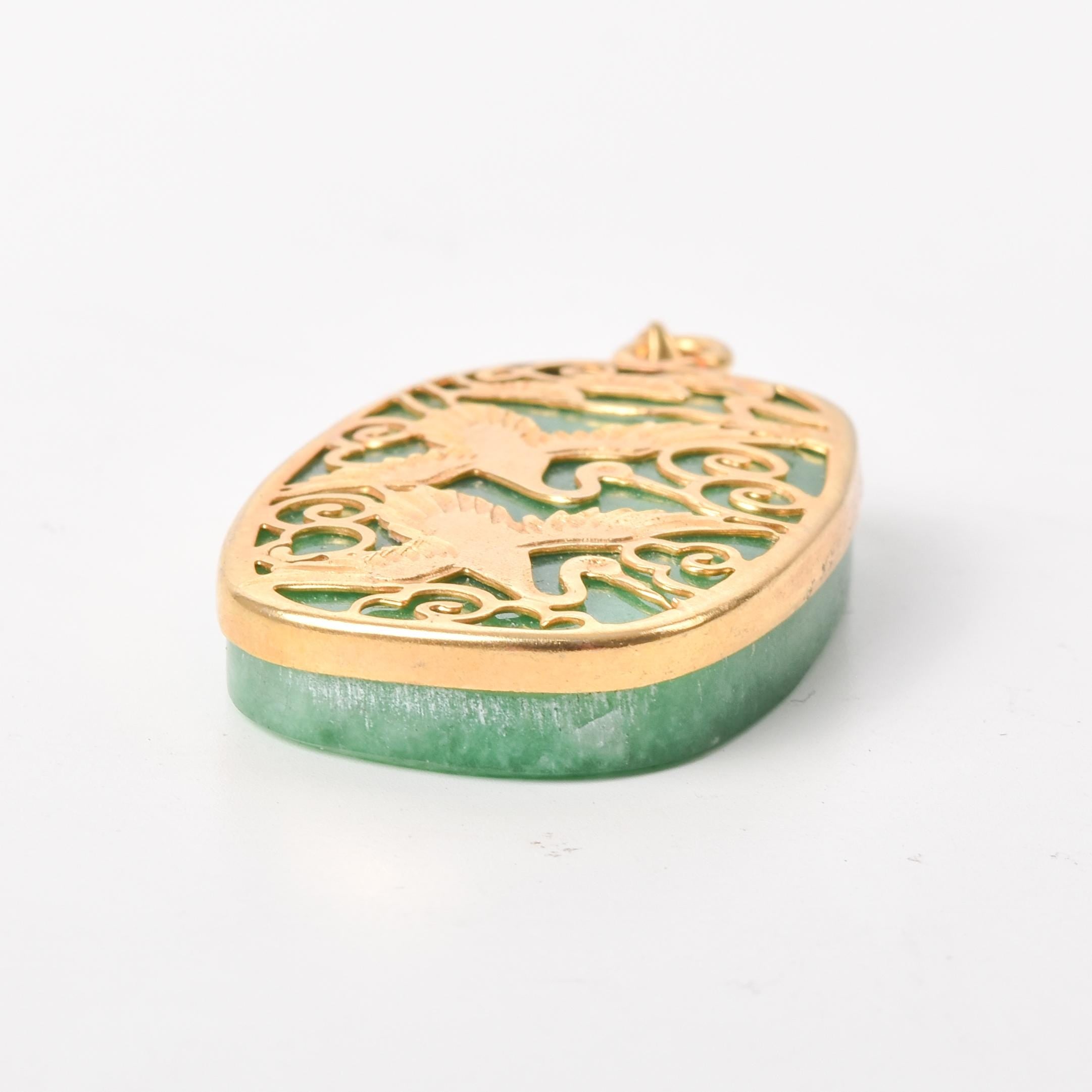 10K Gold Plated Jade Pendant with Swan Carved Overlay