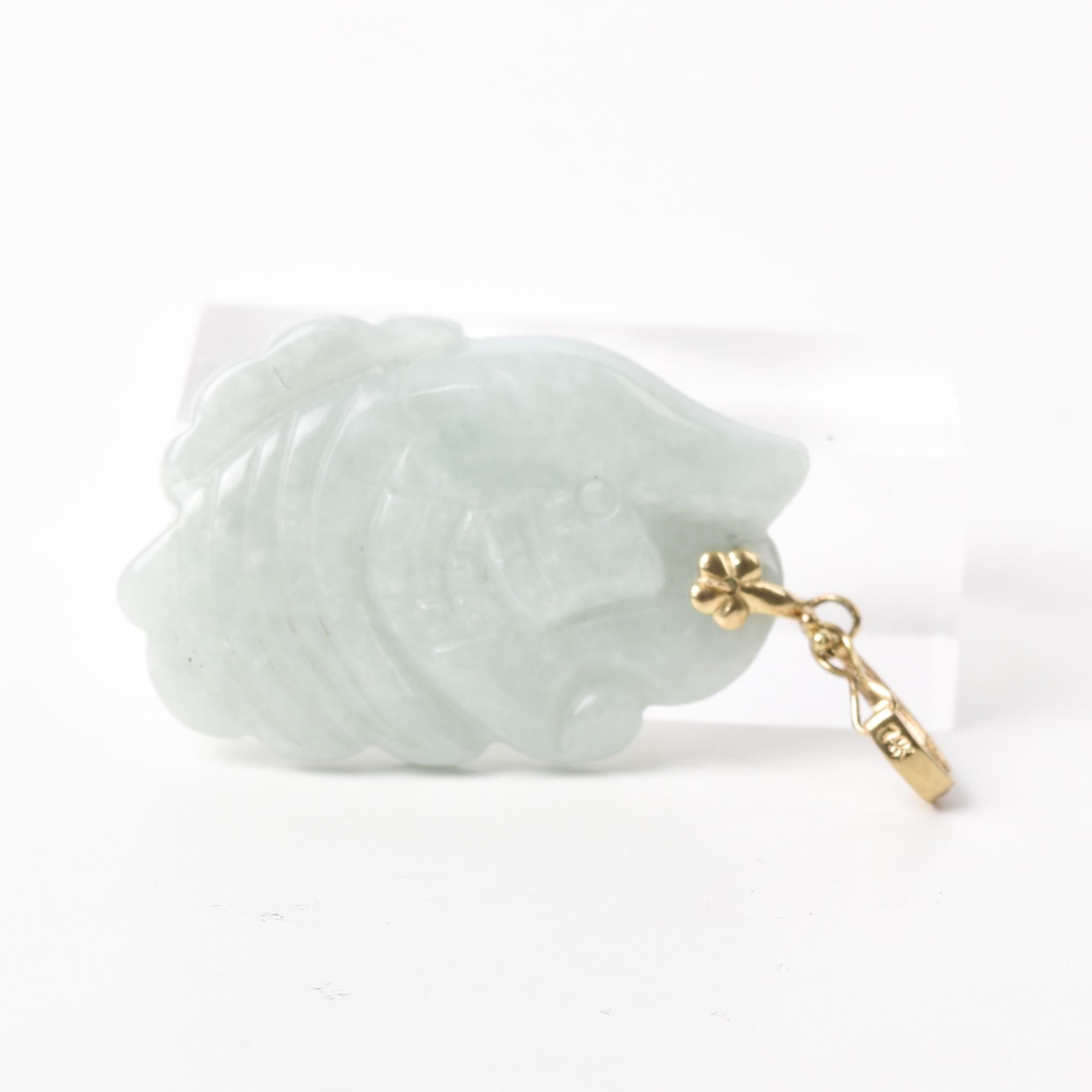 14K Gold Carved White Jade Fish Pendant