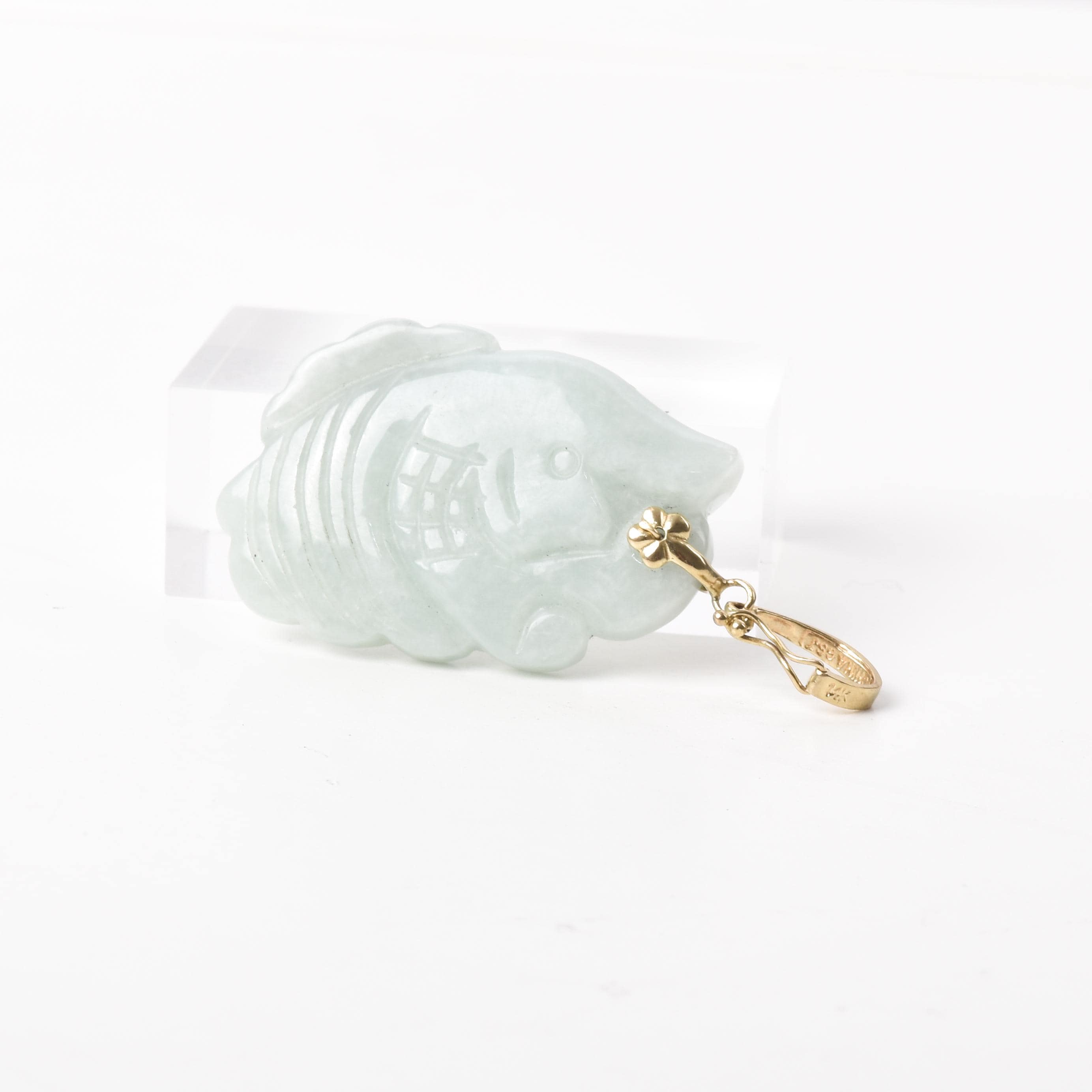 14K Gold Carved White Jade Fish Pendant