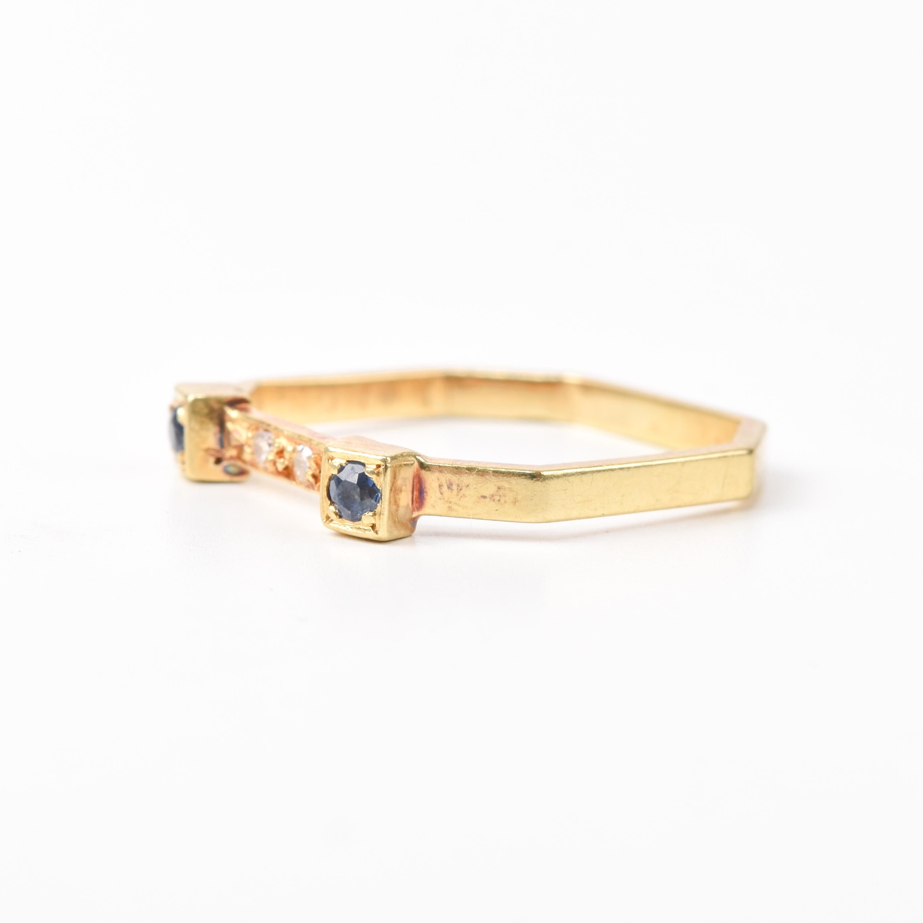 18K Gold Sapphire and Diamond Unique Square Band Ring, Vintage Stacking Ring, Size 7 US