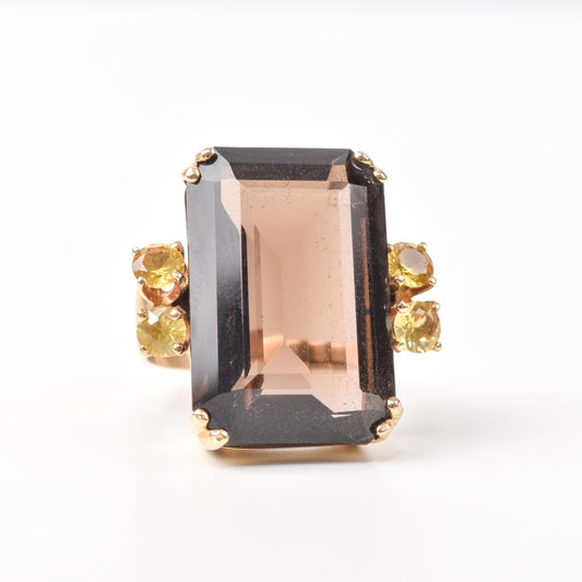 Estate 18K Gold Emerald Cut Smokey Quartz/Topaz and Yellow Citrine Statement Ring, Cocktail Jewelry, Size 6 1/4 US