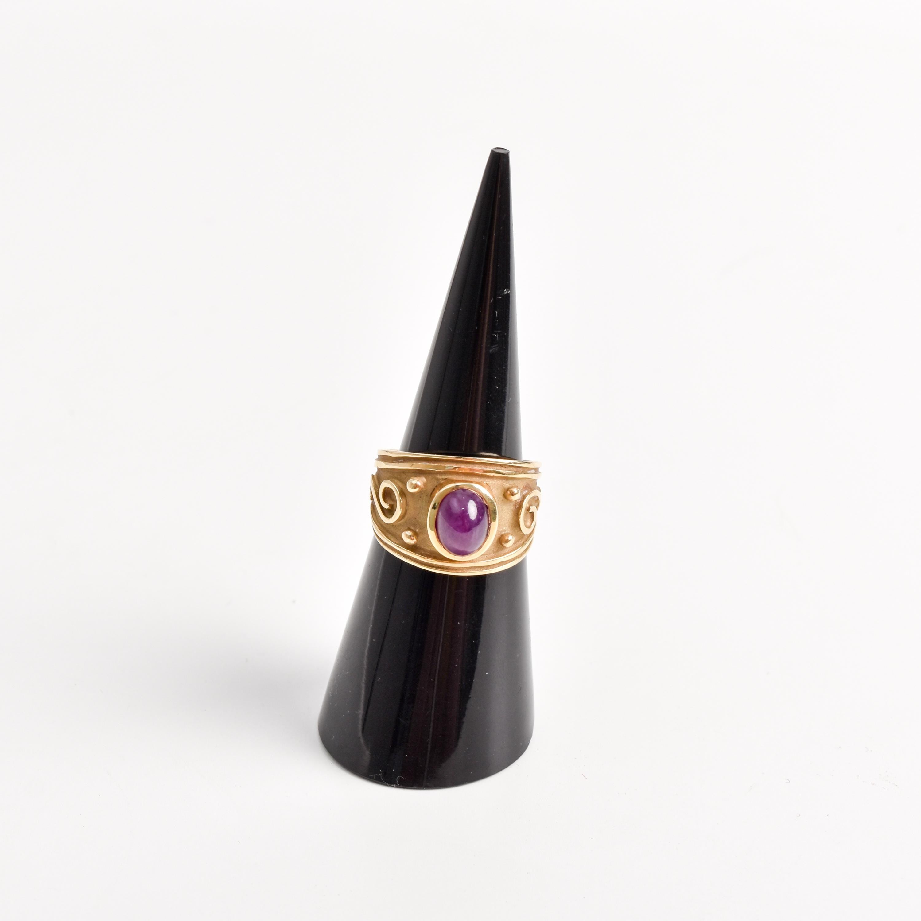 14K Gold Purple Ruby Etruscan Style Whimsical Statement Ring, Estate Jewelry, Size 6