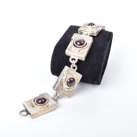 Vintage Square Link Garnet Cabochon Israeli Silver Bracelet