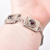 Vintage Square Link Garnet Cabochon Israeli Silver Bracelet