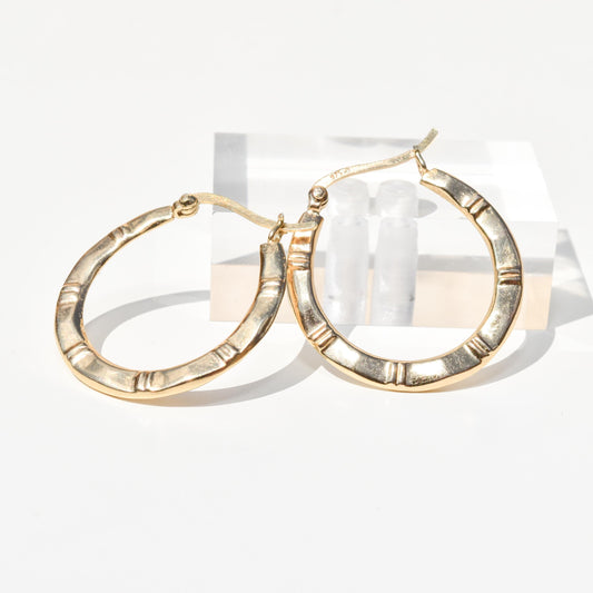 Vermeil Gold Bamboo Hoops, 925 Silver Ribbed Patterned Hoops